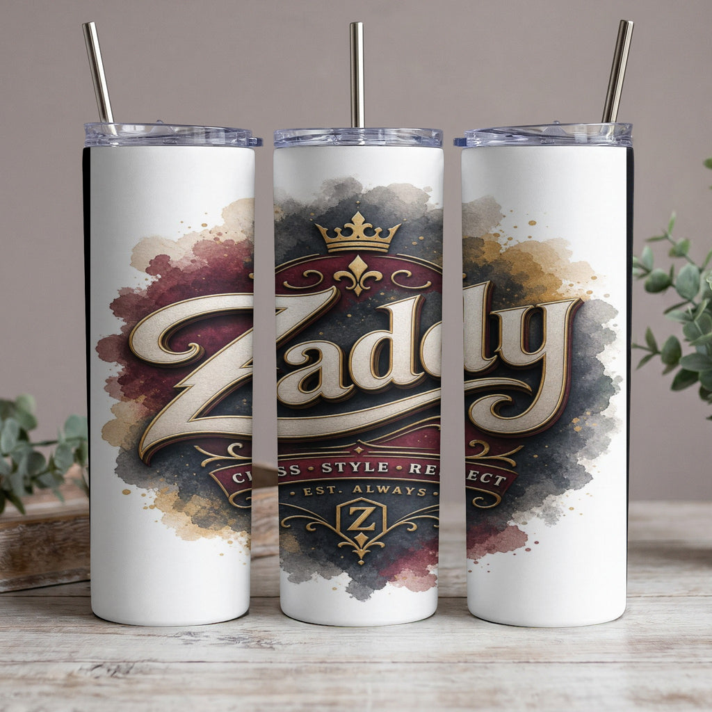 Three tumblers with "Zaddy Class Style Respect Est. Always" text and a crown design.