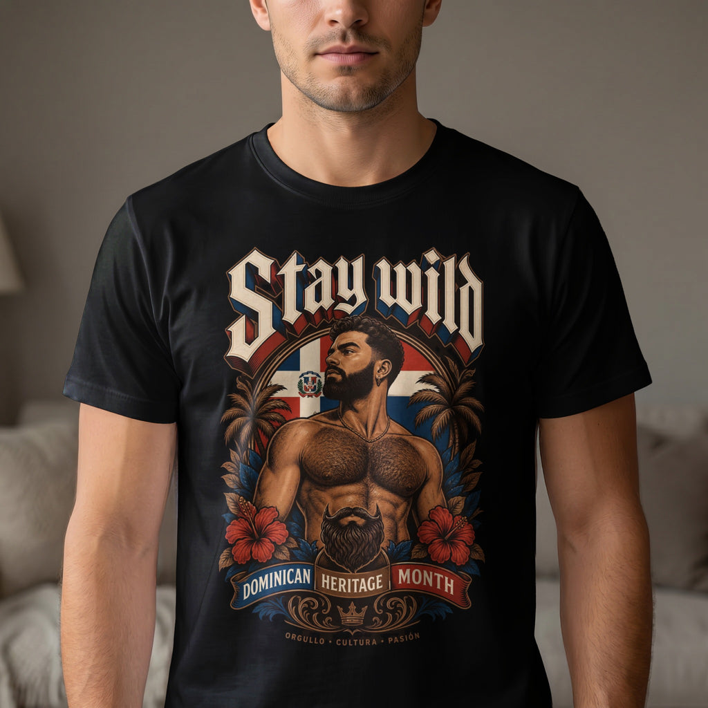 Black t-shirt with "Stay Wild" and Dominican Republic flag design featuring a muscular man.