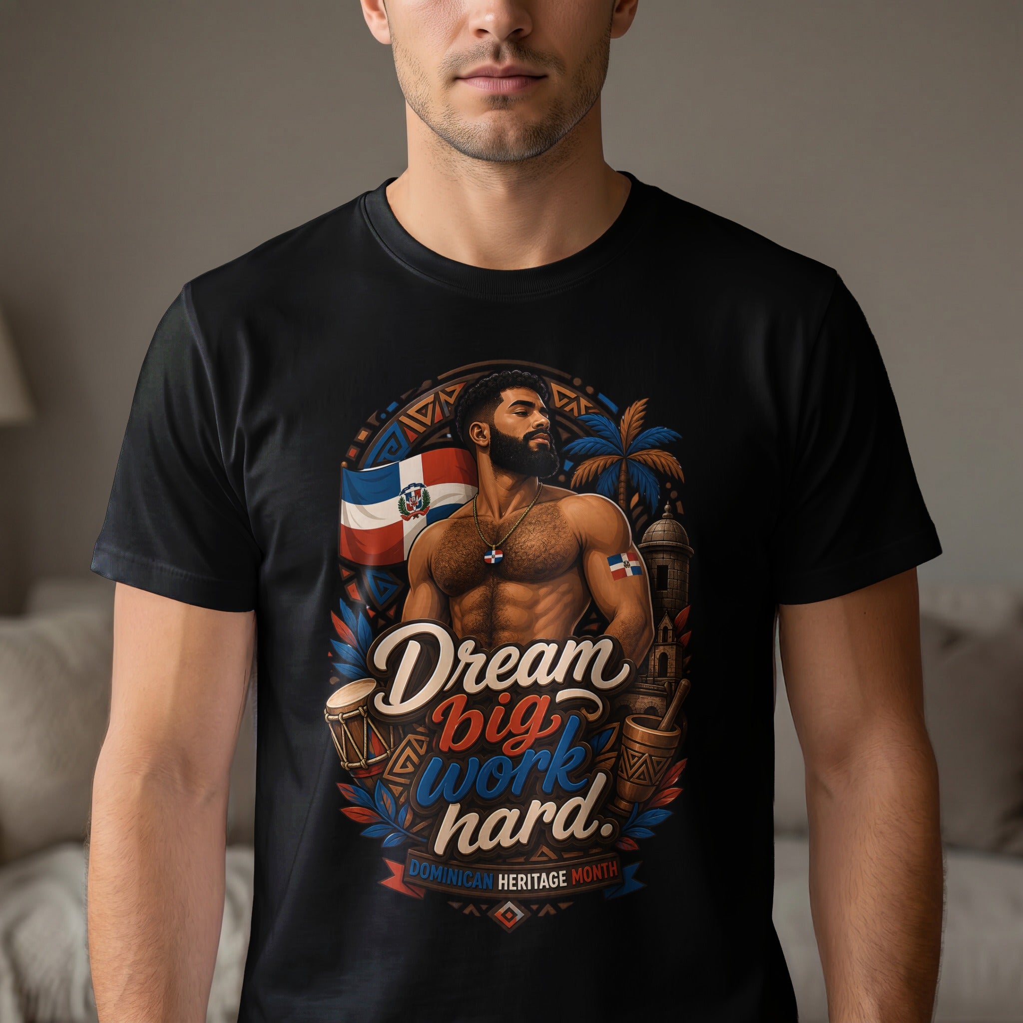 Dominican man with "Dream big work hard" text and flag.