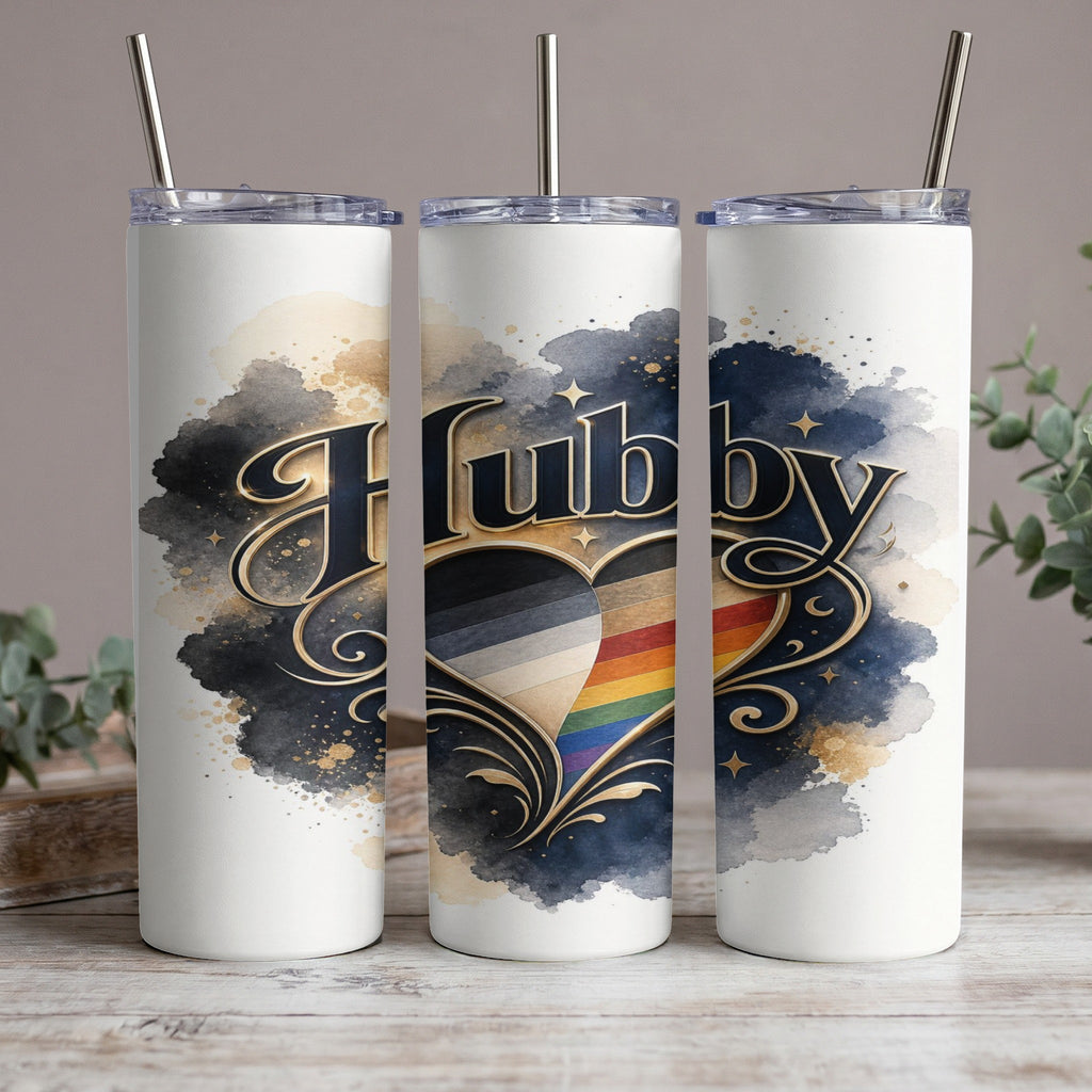 "Hubby" text on a tumbler with a heart split between pride and grayscale stripes.