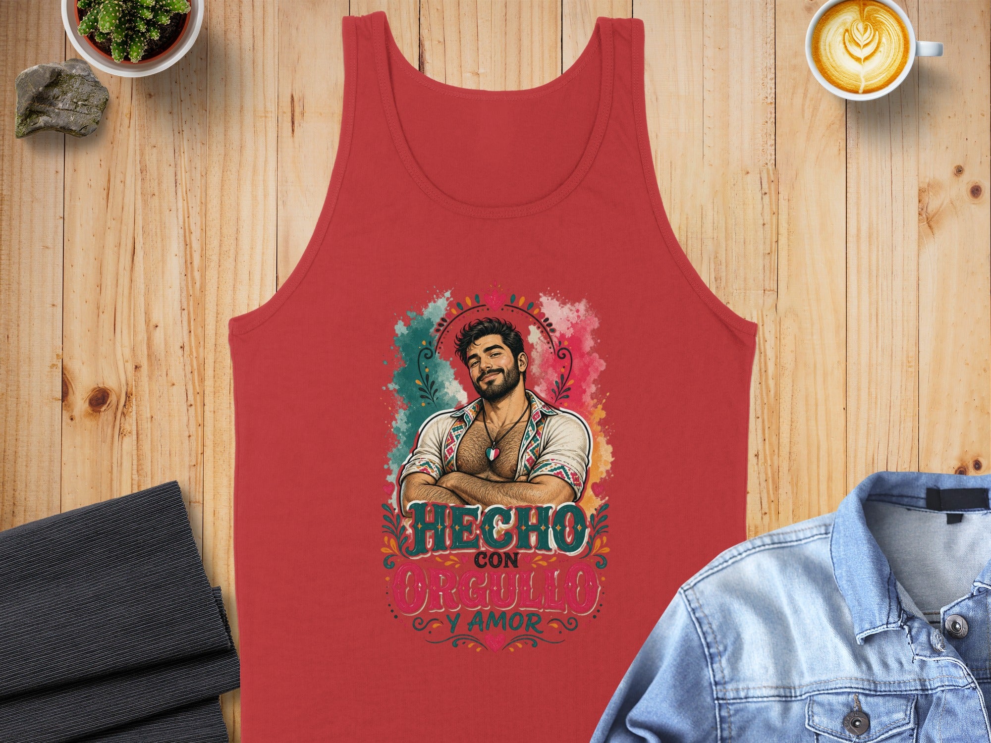 Red tank top with "Hecho con orgullo y amor" text and a man's portrait.