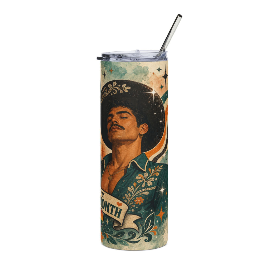 Tumbler with a vintage-style illustration of a man in a cowboy hat.