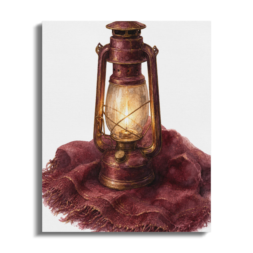 Vintage kerosene lantern with lit flame on a draped red scarf.
