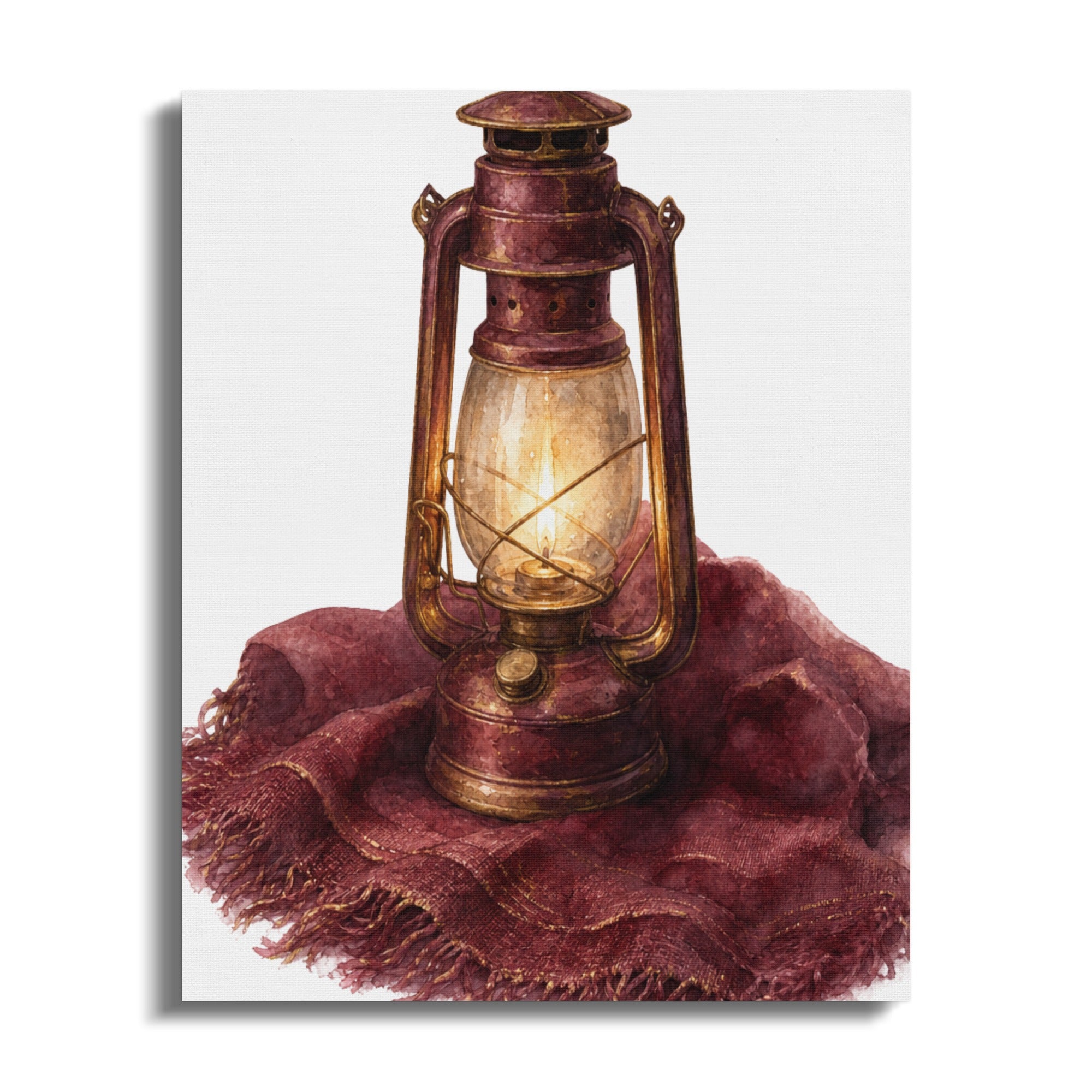 Vintage kerosene lantern with lit flame on a draped red scarf.