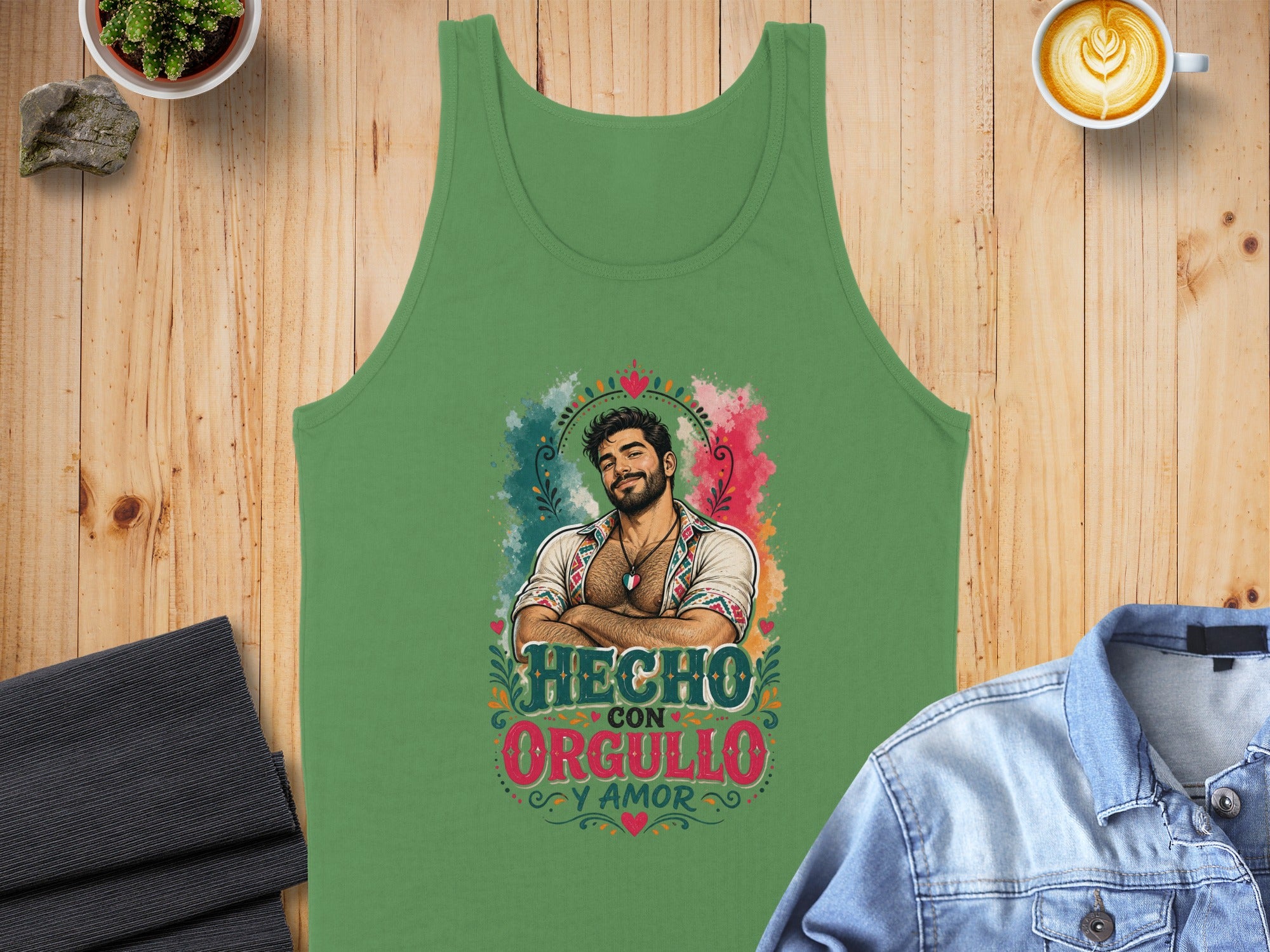 Green tank top with "Hecho con orgullo y amor" graphic featuring a man.