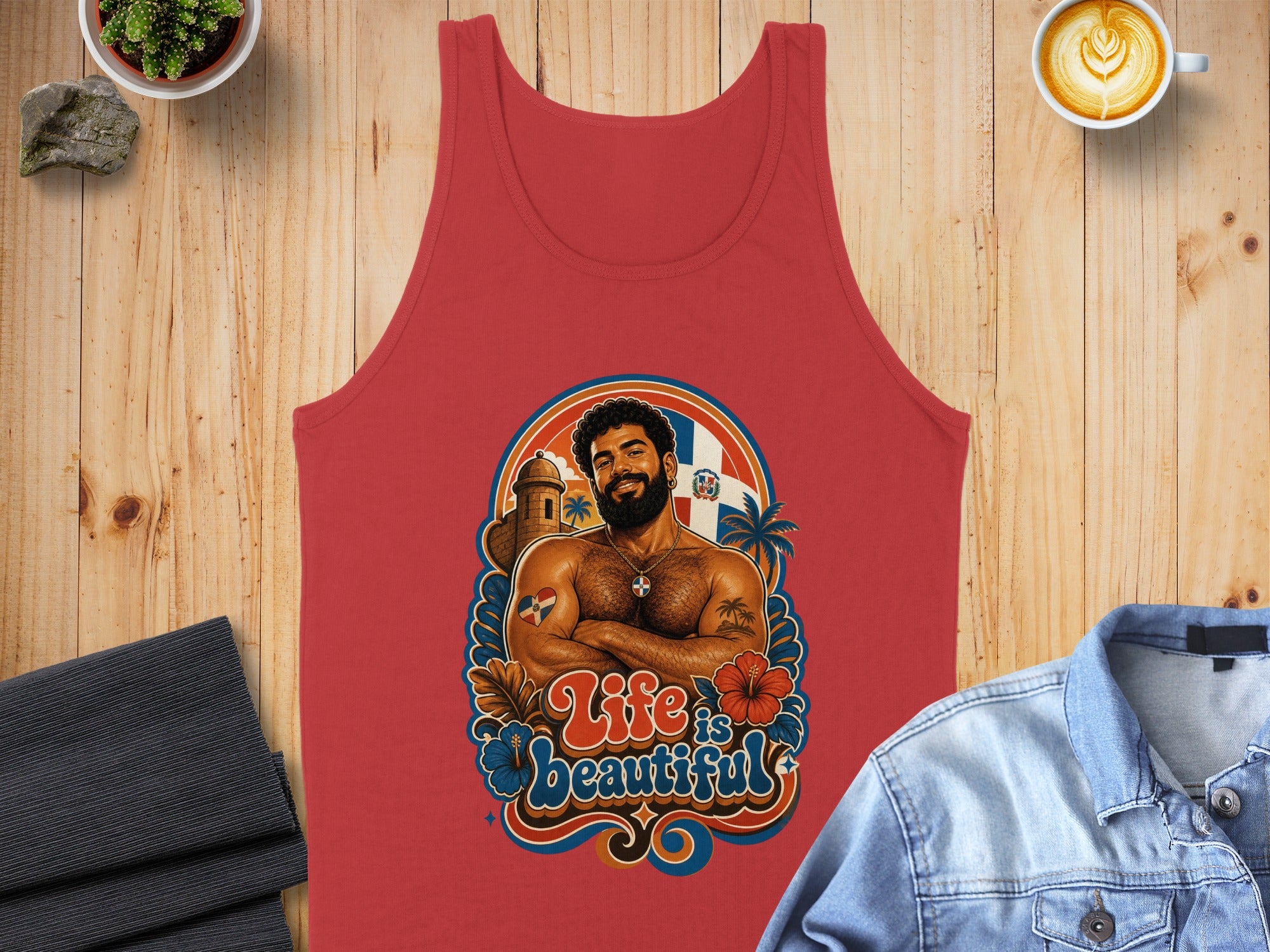 Red tank top with a man and floral design, "Life is Beautiful" text.