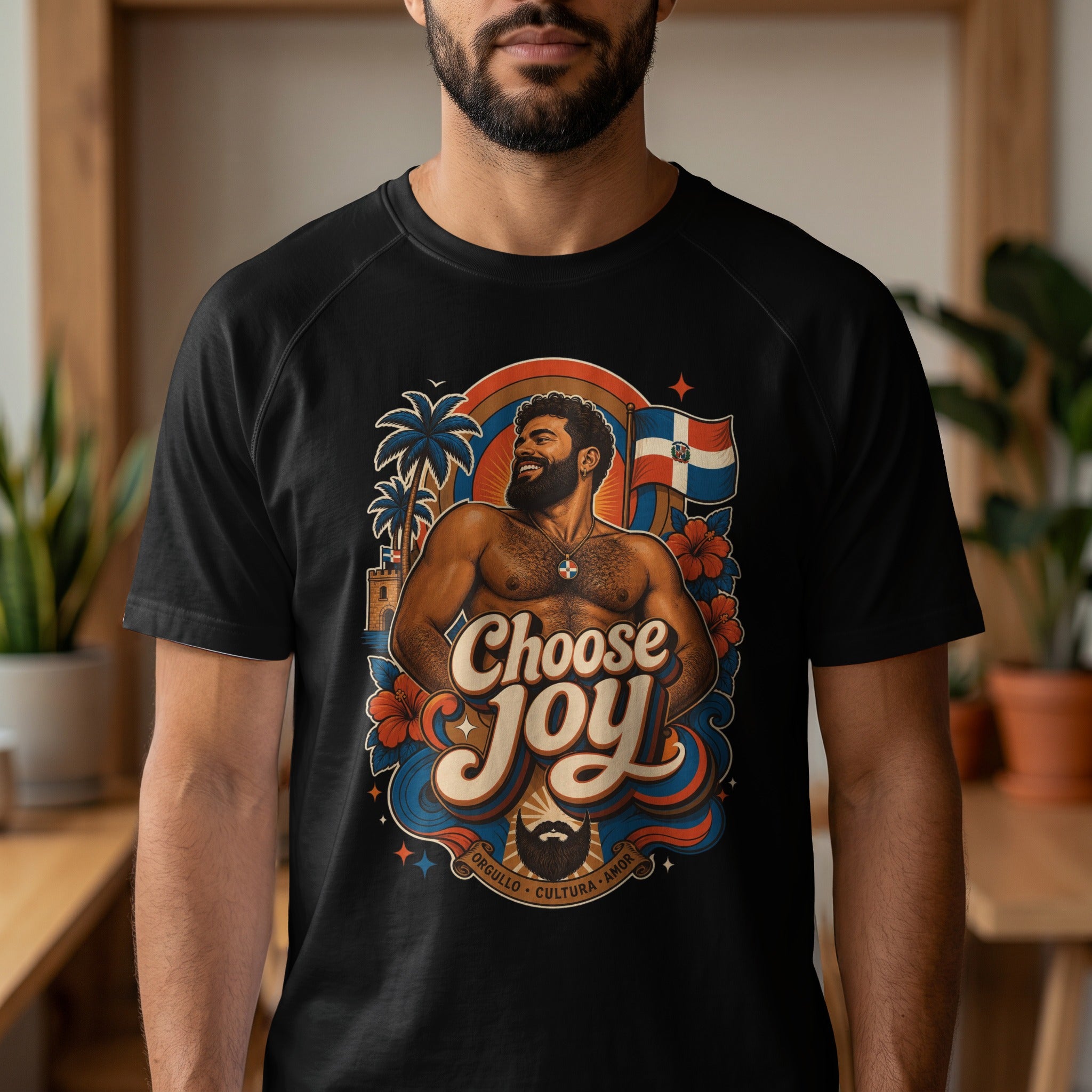 T-shirt with muscular man, palm trees, flag, and "Choose Joy" text.