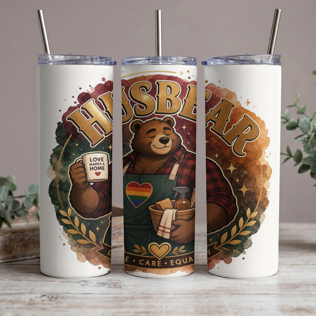 Bear holding cleaning supplies and coffee mug with "Love Makes a Home" text.