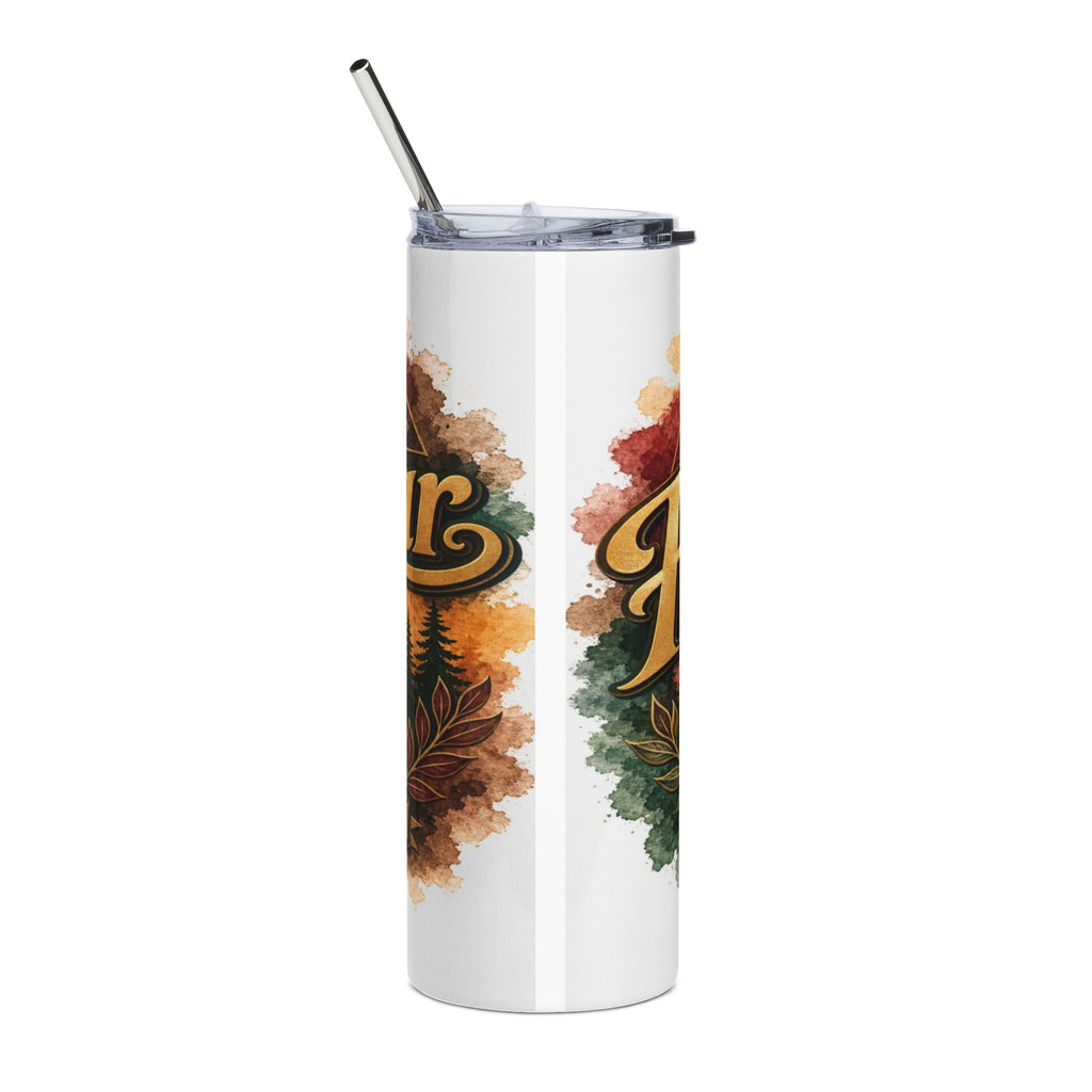 White tumbler with gold leaf lettering and autumnal nature accents.