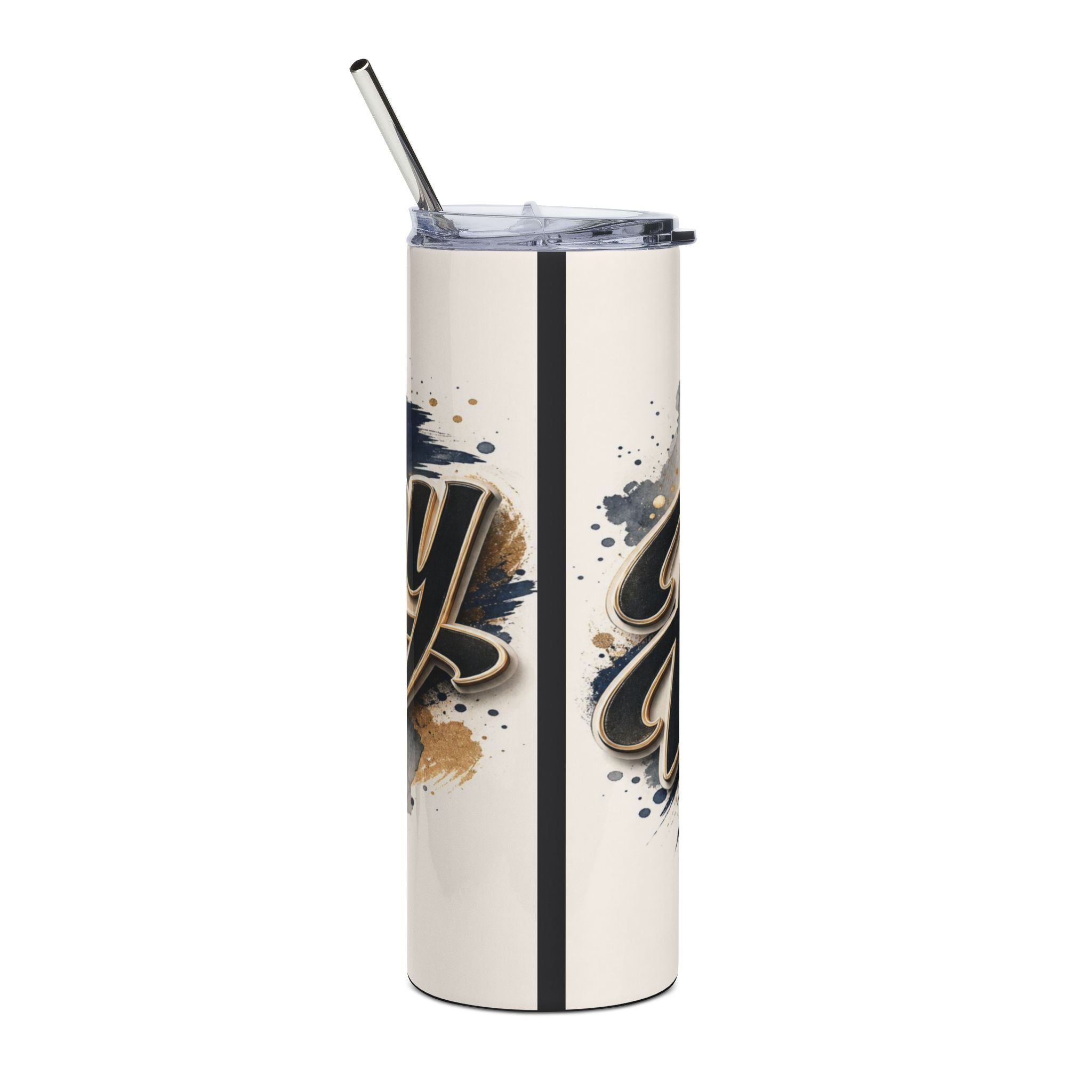 Cream tumbler with black and gold ink splatters and cursive text.