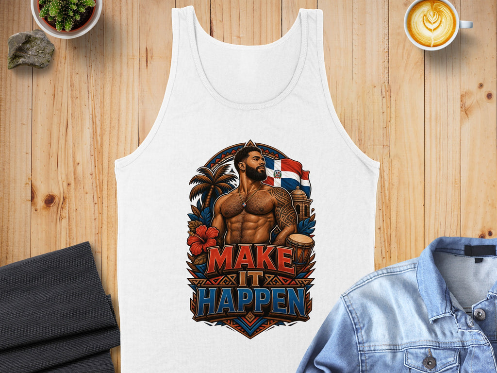 White tank top with a graphic featuring a muscular man, palm trees, and the Dominican Republic flag.
