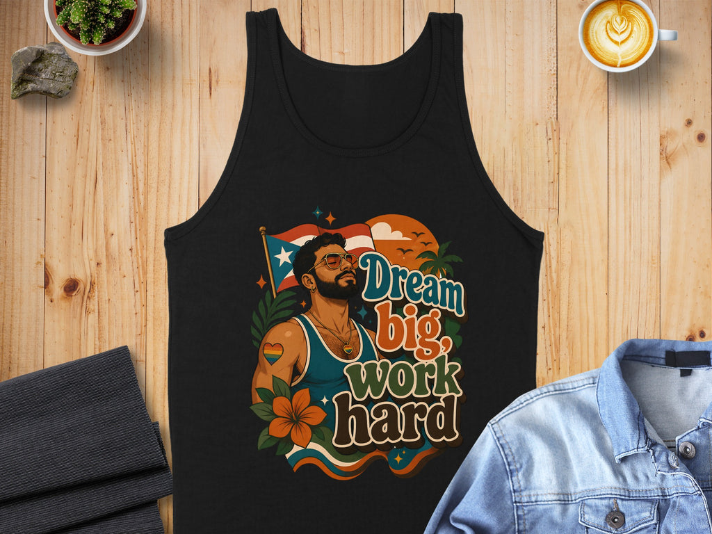 Black tank top with "Dream big, work hard" text and rainbow flag.