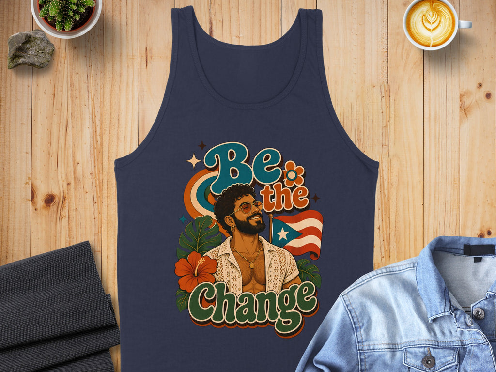 Navy tank top with "Be the Change" text and a Puerto Rican flag.