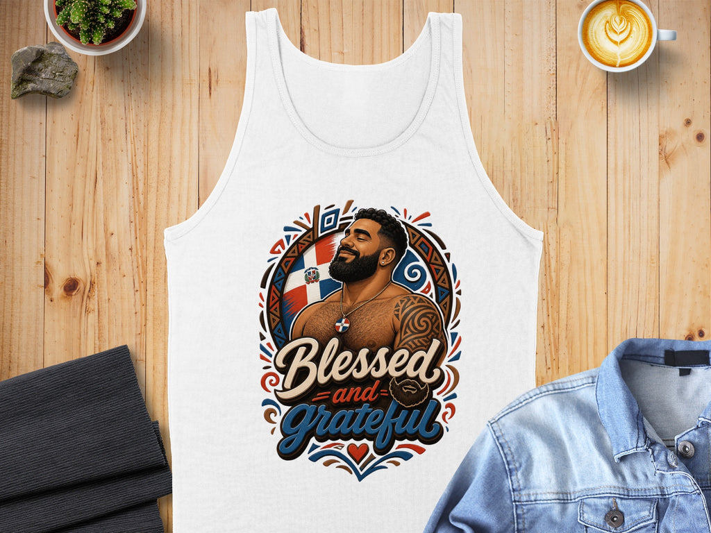 White tank top with "Blessed and Grateful" text and Dominican Republic flag.