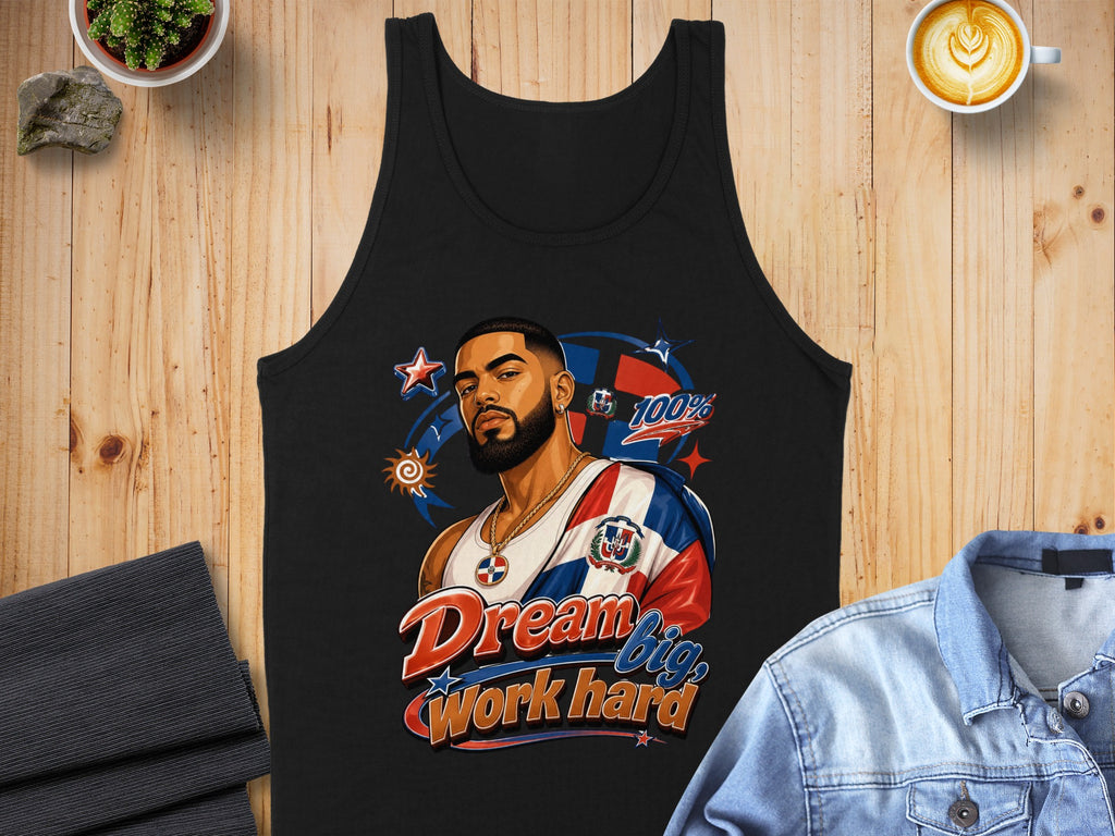 Black tank top with graphic of man wearing Dominican Republic flag inspired shirt.