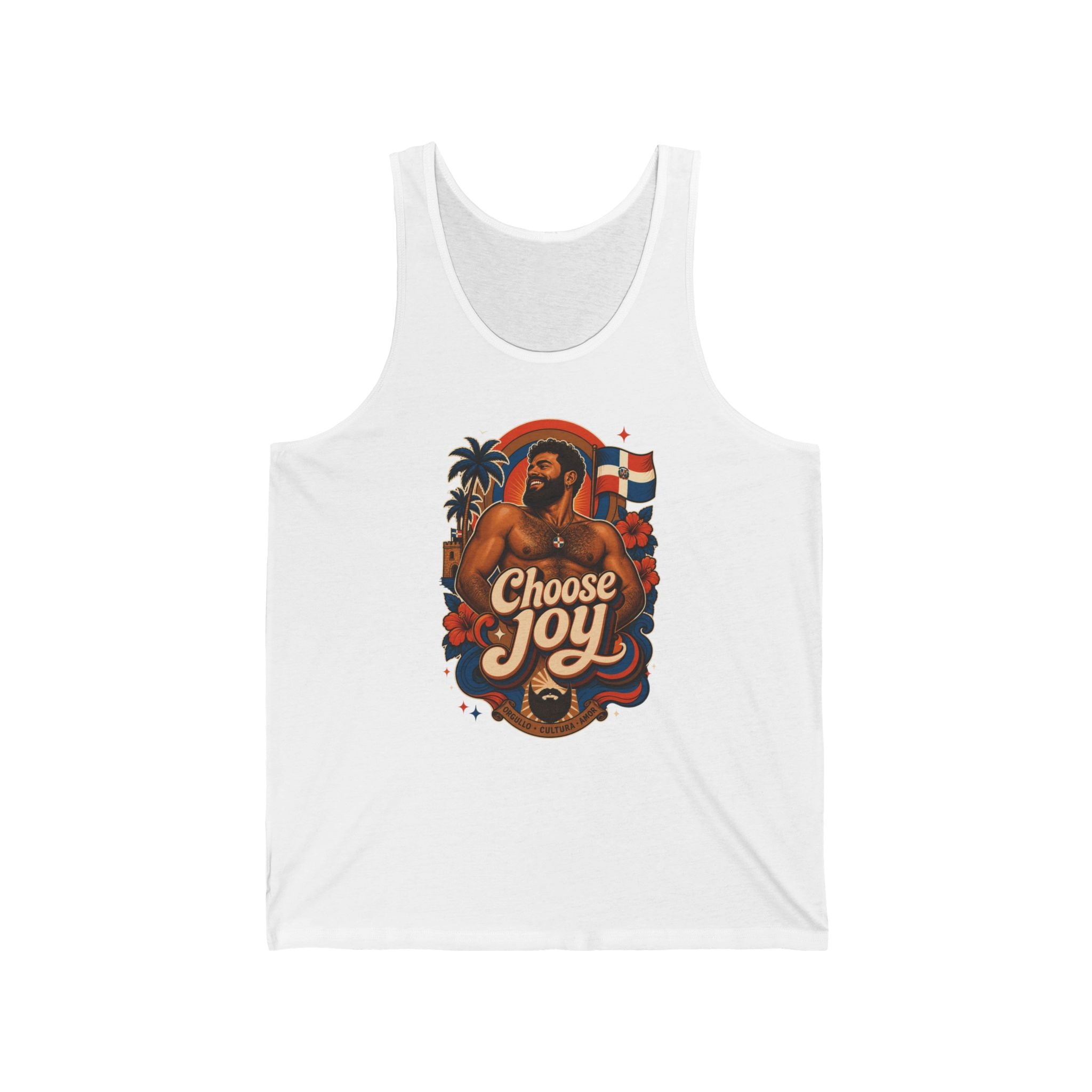Man with tattoos, palm trees, and Dominican flag on tank top.