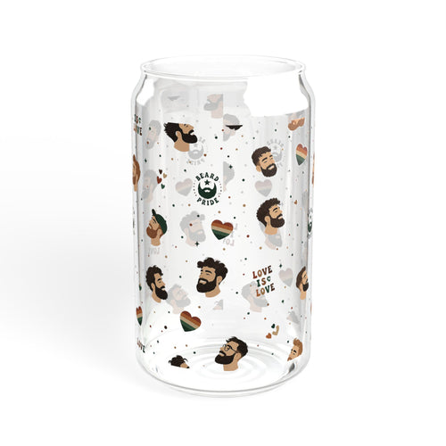 16oz Glass Sipper Tumbler with Bamboo Lid — 'Love is Love' Pride Face Pattern