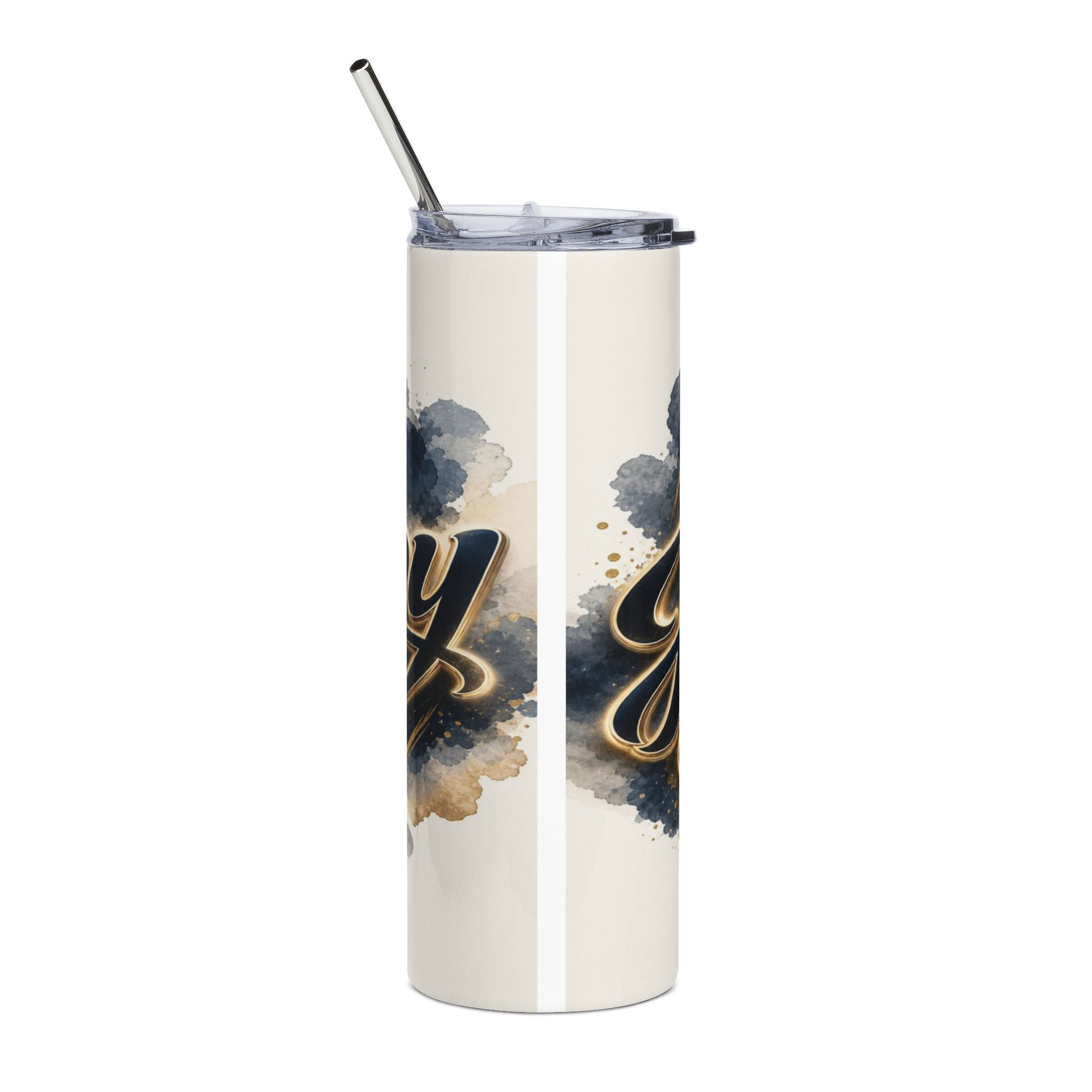White tumbler with a metal straw, featuring gold and navy abstract design and script text.