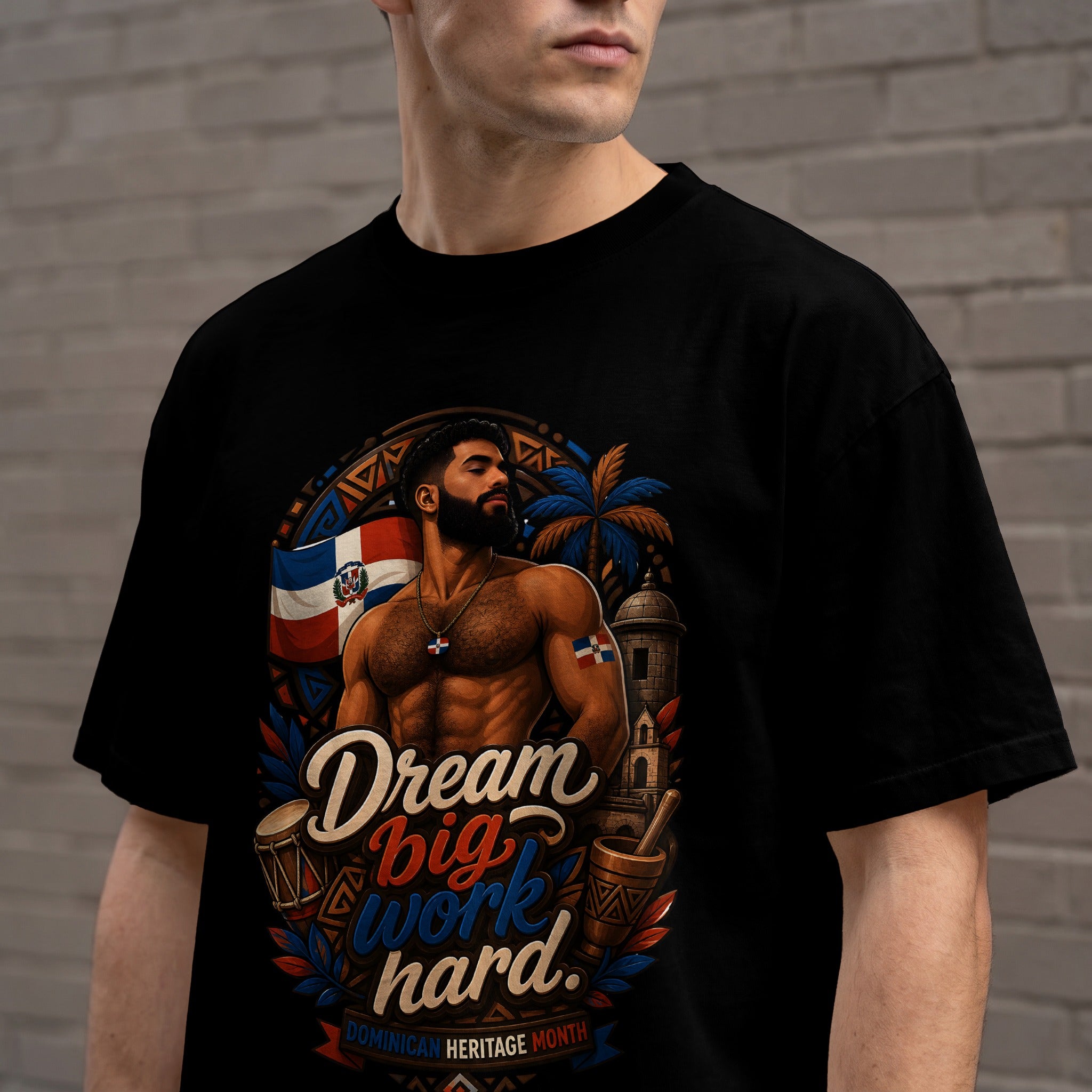Black t-shirt with a graphic celebrating Dominican heritage.