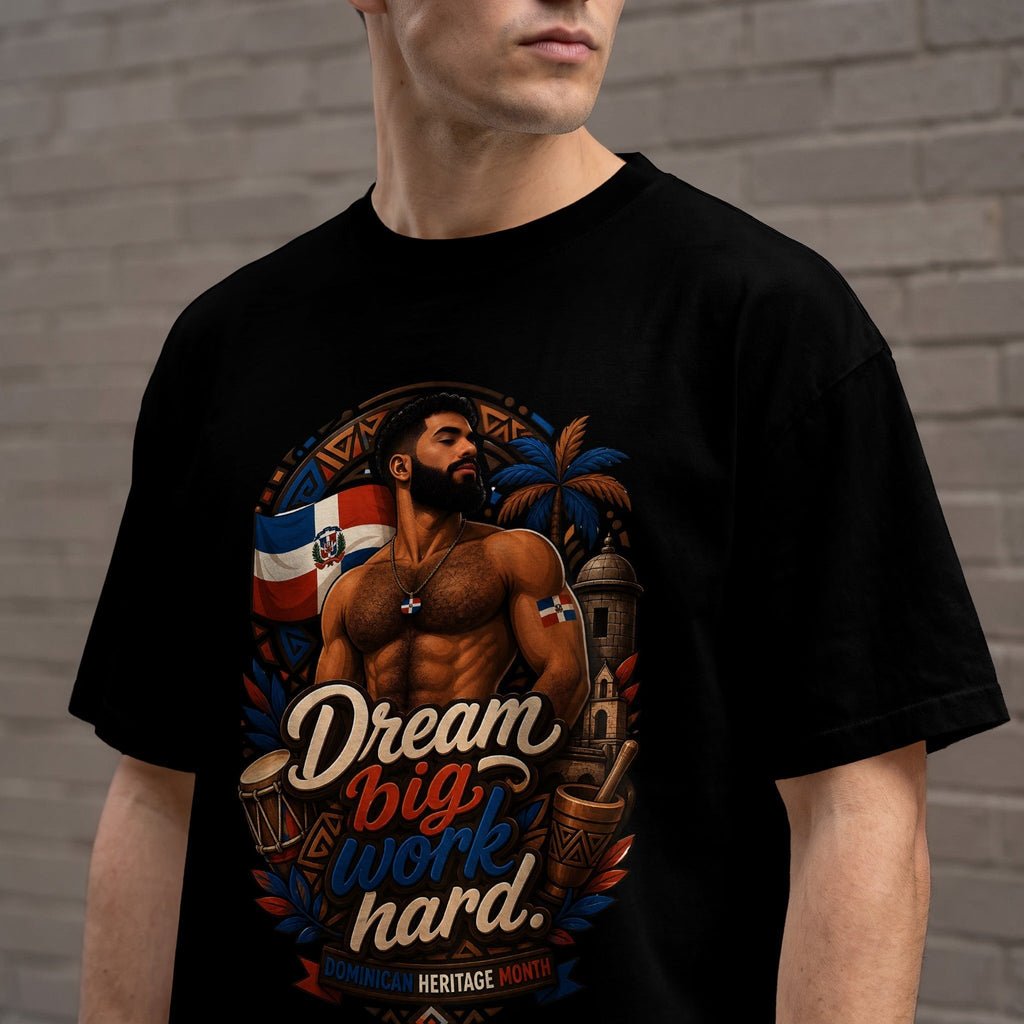 Black t-shirt with a graphic celebrating Dominican heritage.