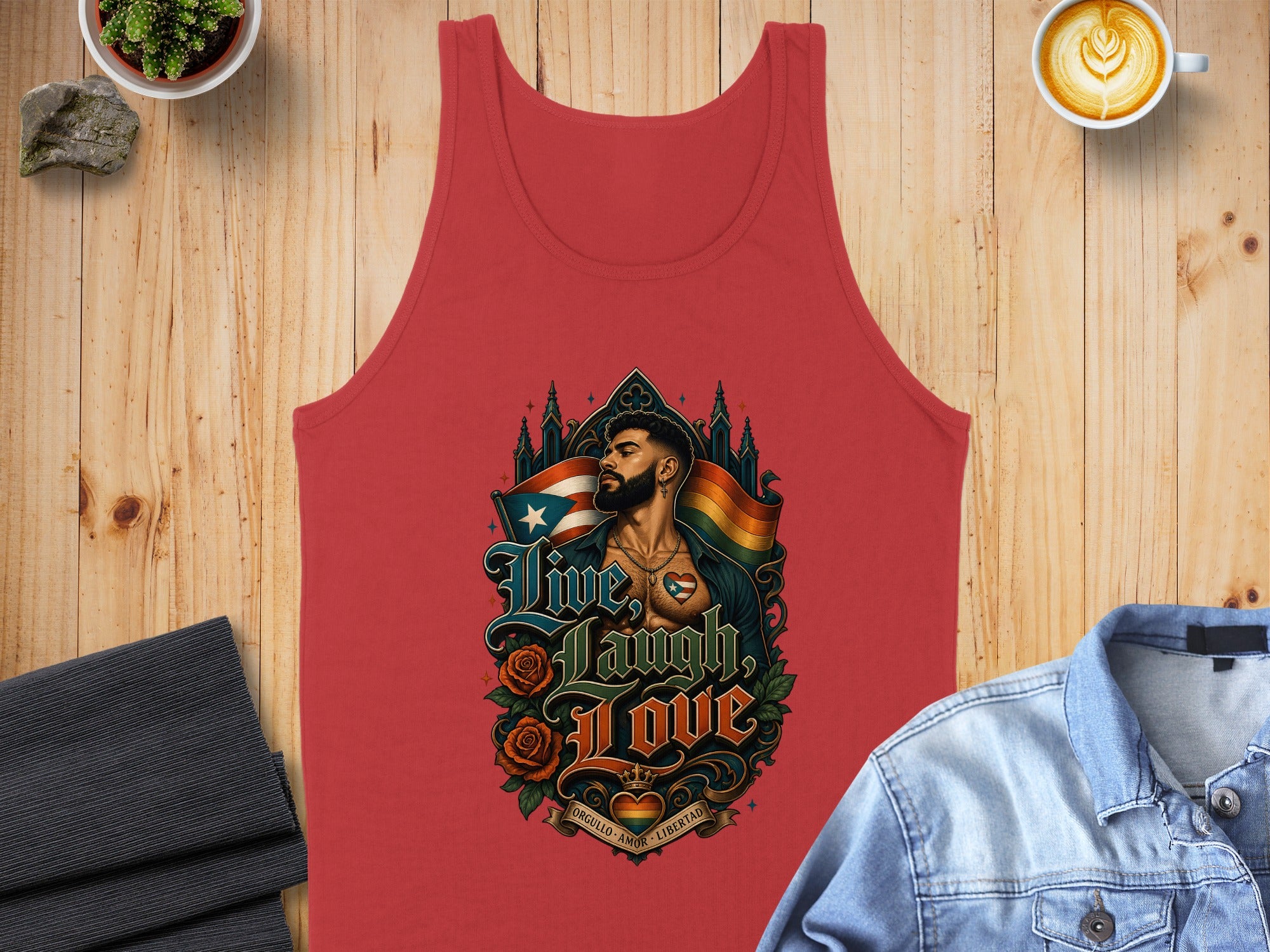 Red tank top with "Live, Laugh, Love" and a man with a rainbow flag.
