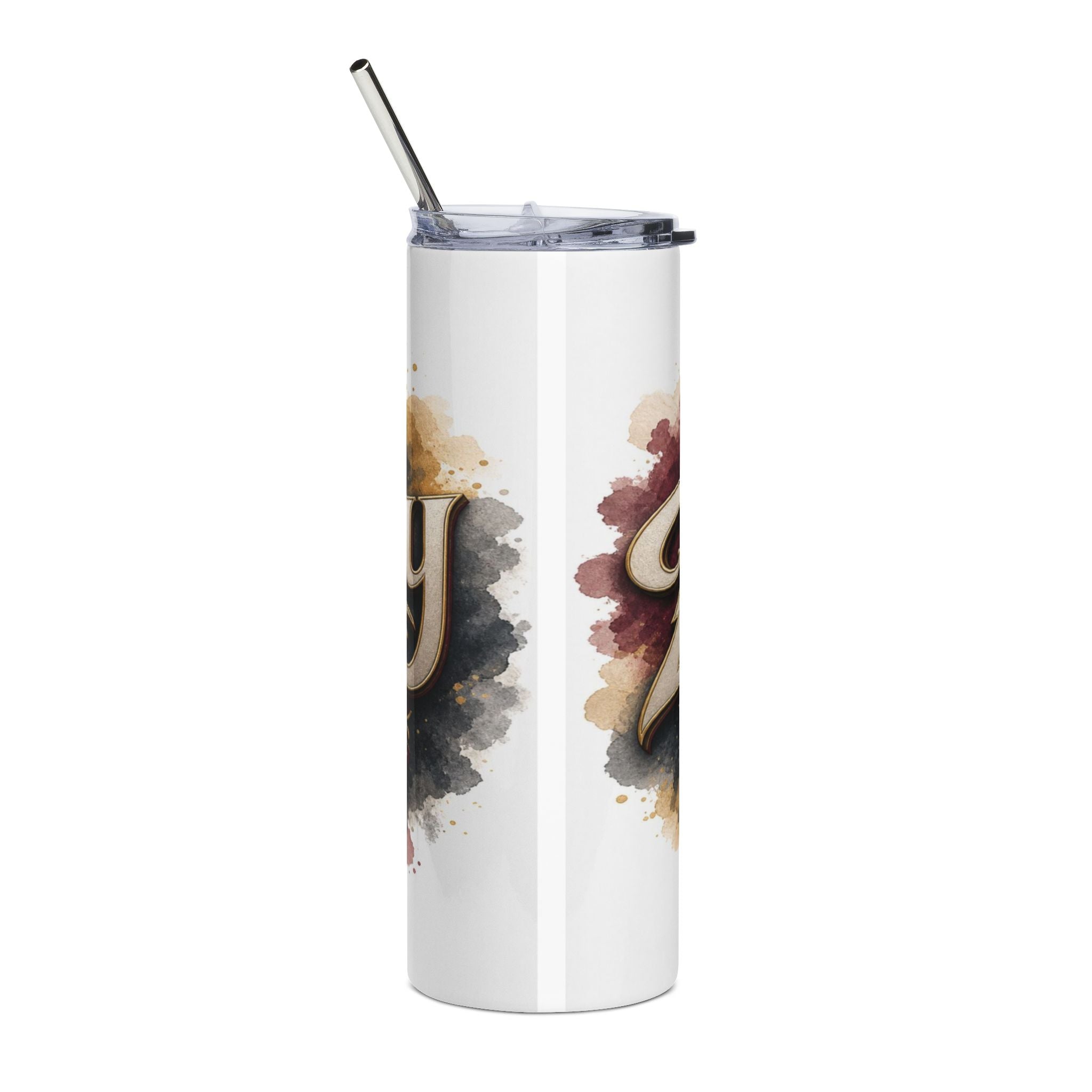 White tumbler with metal straw and watercolor splatters, featuring the word "Joy".