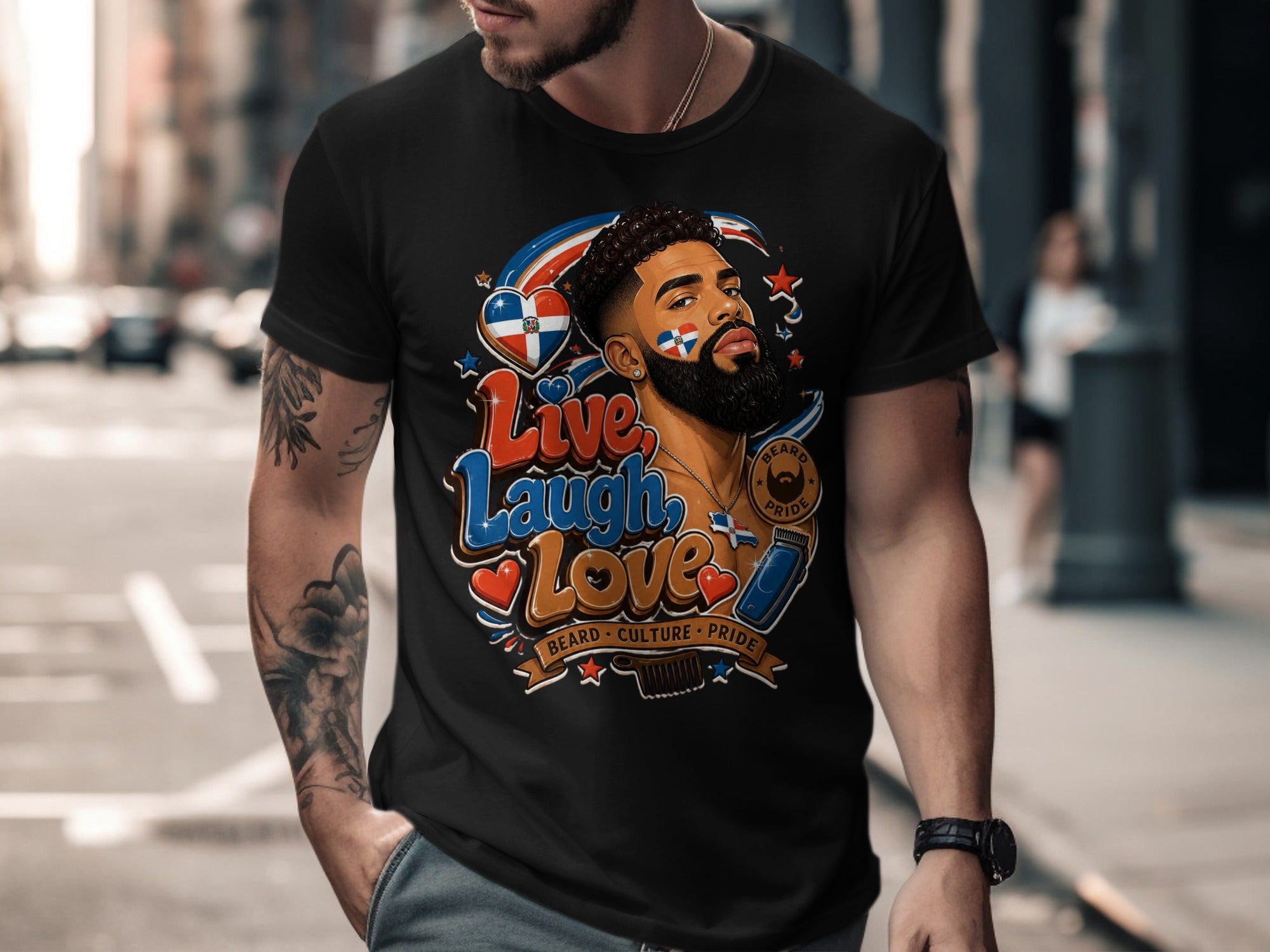 Man in black t-shirt with "Live Laugh Love Beard Culture Pride" Dominican flag design.