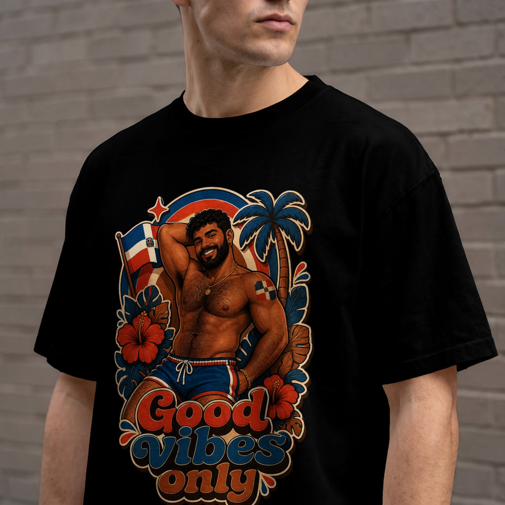 Black t-shirt with retro design of a man and palm trees, "Good Vibes Only" text.