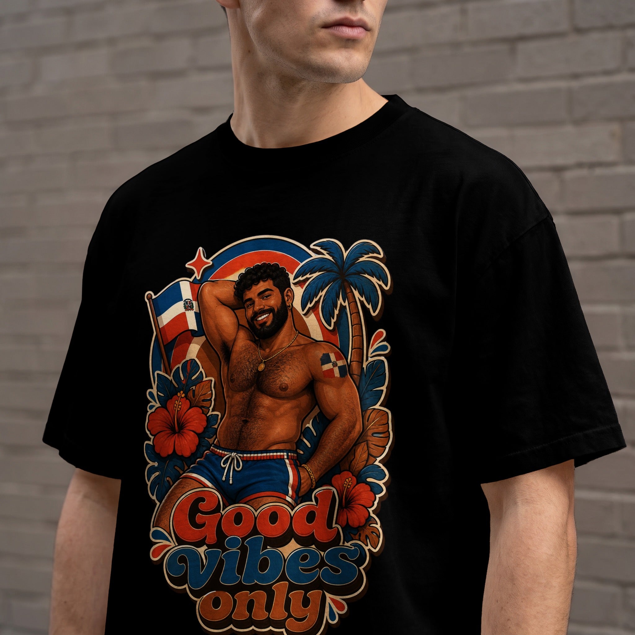 Black t-shirt with retro design of a man and palm trees, "Good Vibes Only" text.