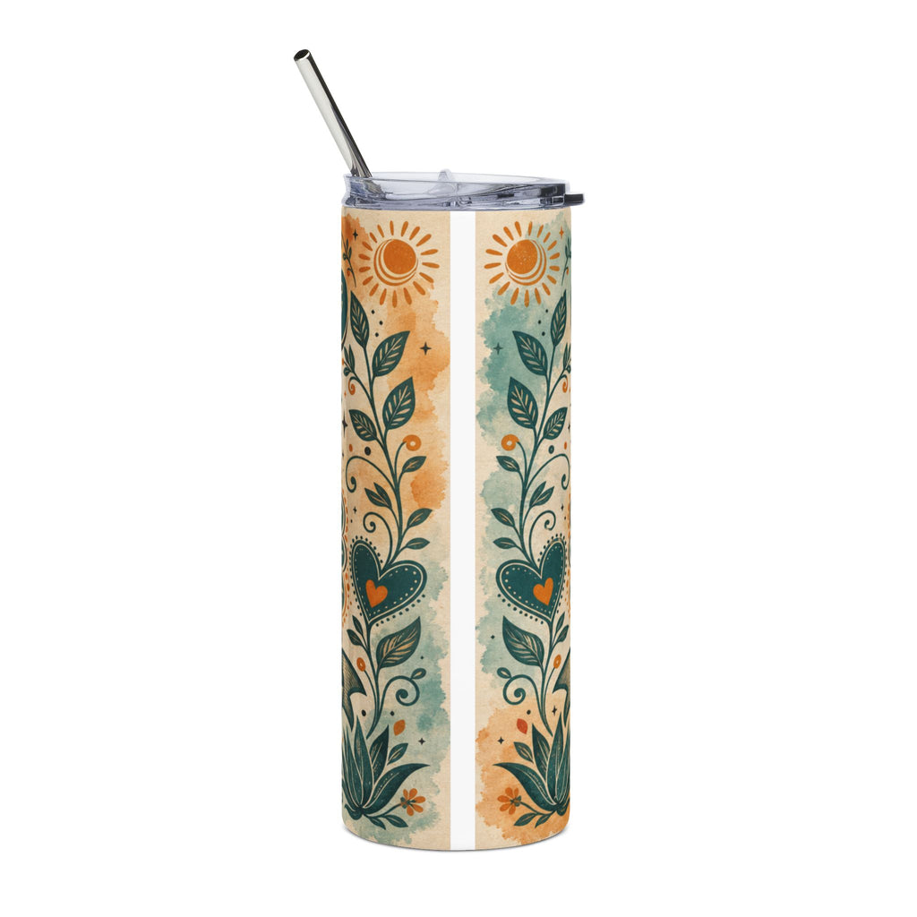 Tall tumbler with sun and vine heart design, includes straw.