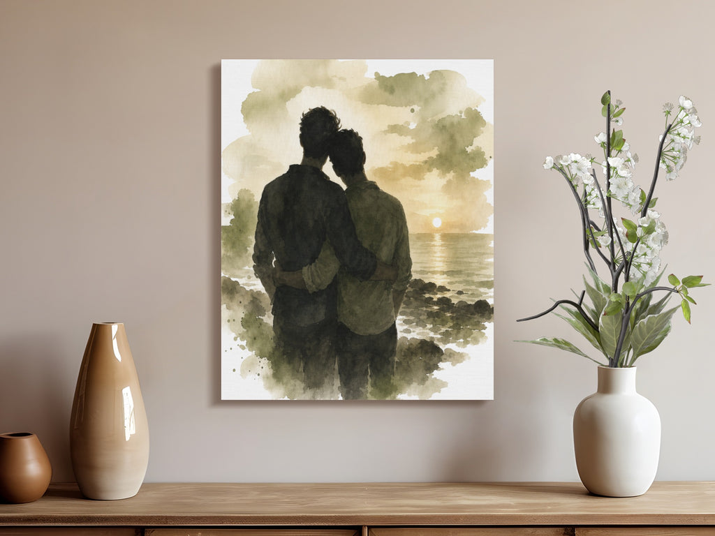 Watercolor painting of two men embracing at sunset on a rocky beach.