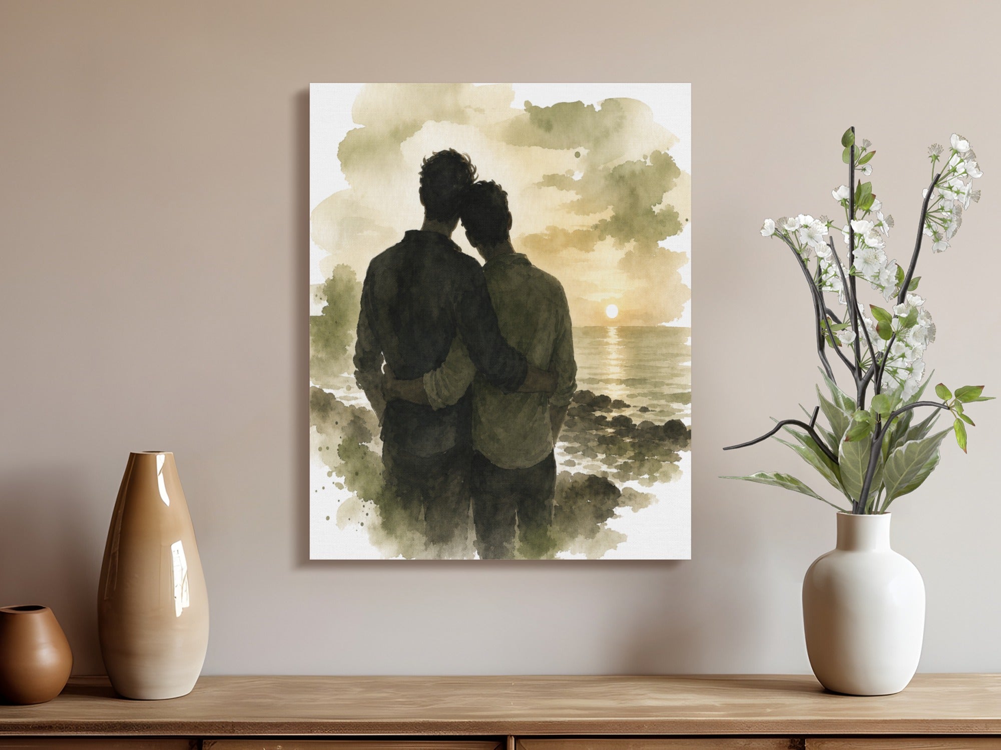 Watercolor painting of two men embracing at sunset on a rocky beach.