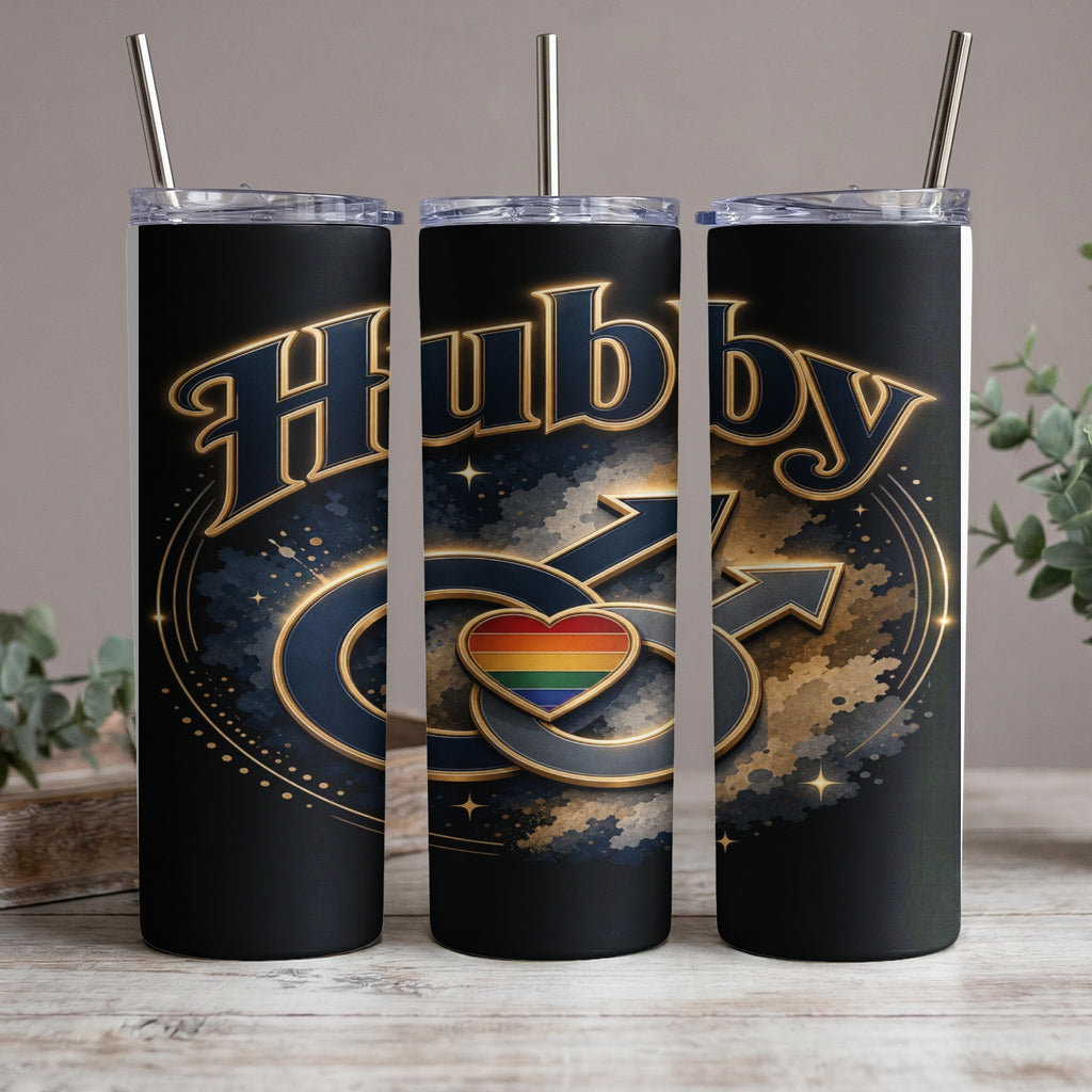 Black tumbler with "Hubby" text, male symbols, and rainbow heart.
