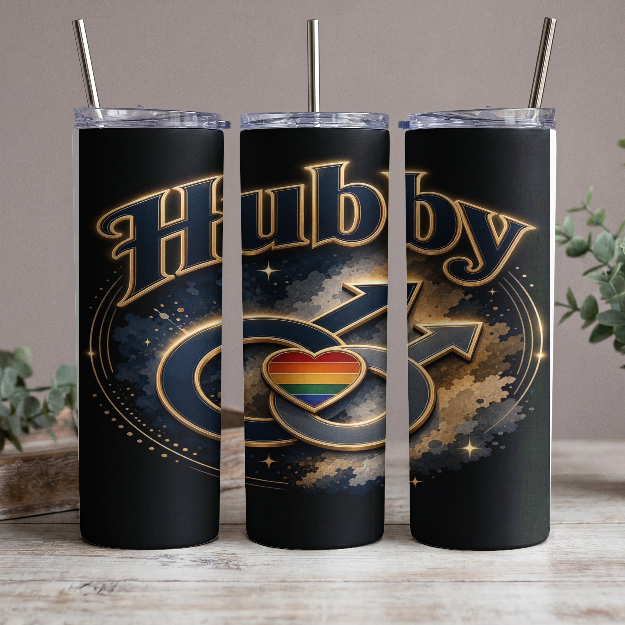 Black tumbler with "Hubby" text, male symbols, and rainbow heart.