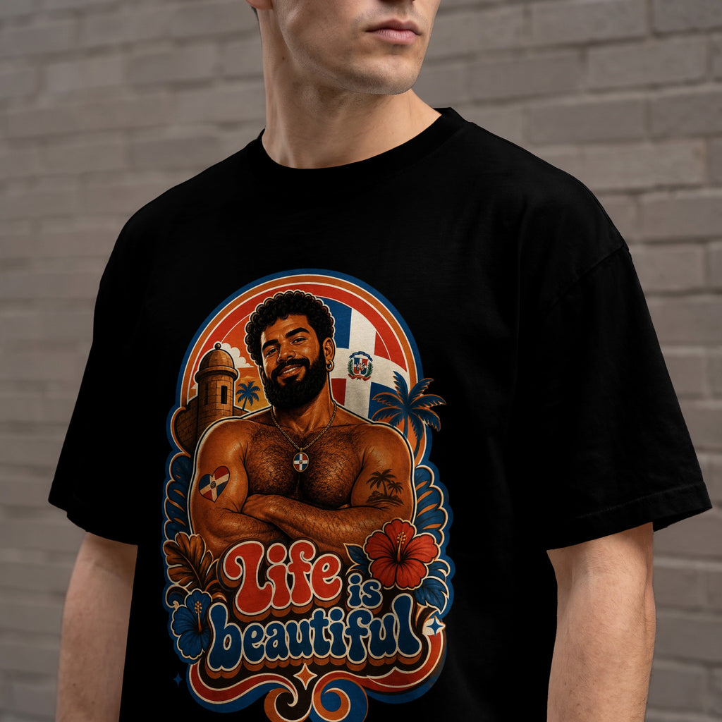 Black t-shirt featuring a man with crossed arms and Dominican Republic flag.