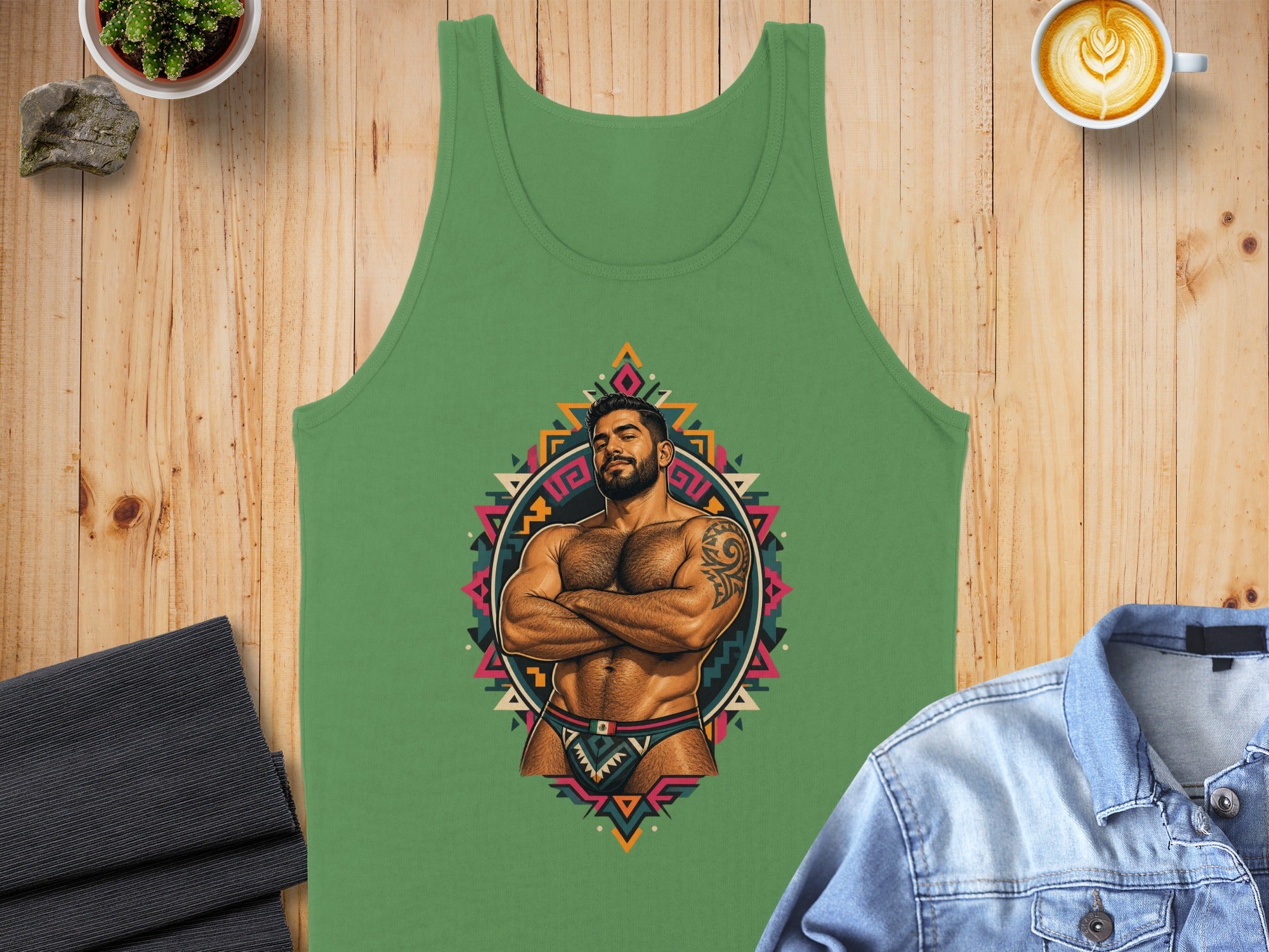 Green tank top with graphic of muscular man in colorful geometric design.