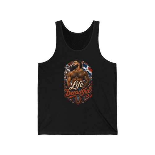 Black tank top with "Life is Beautiful" text and a tattooed man with Dominican flag.