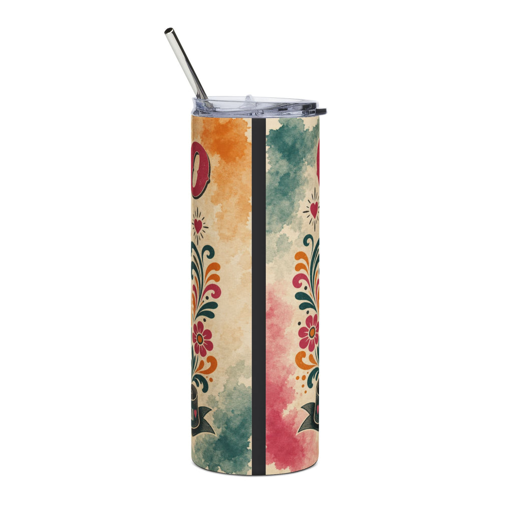 Tall tumbler with colorful floral and heart design, metal straw.