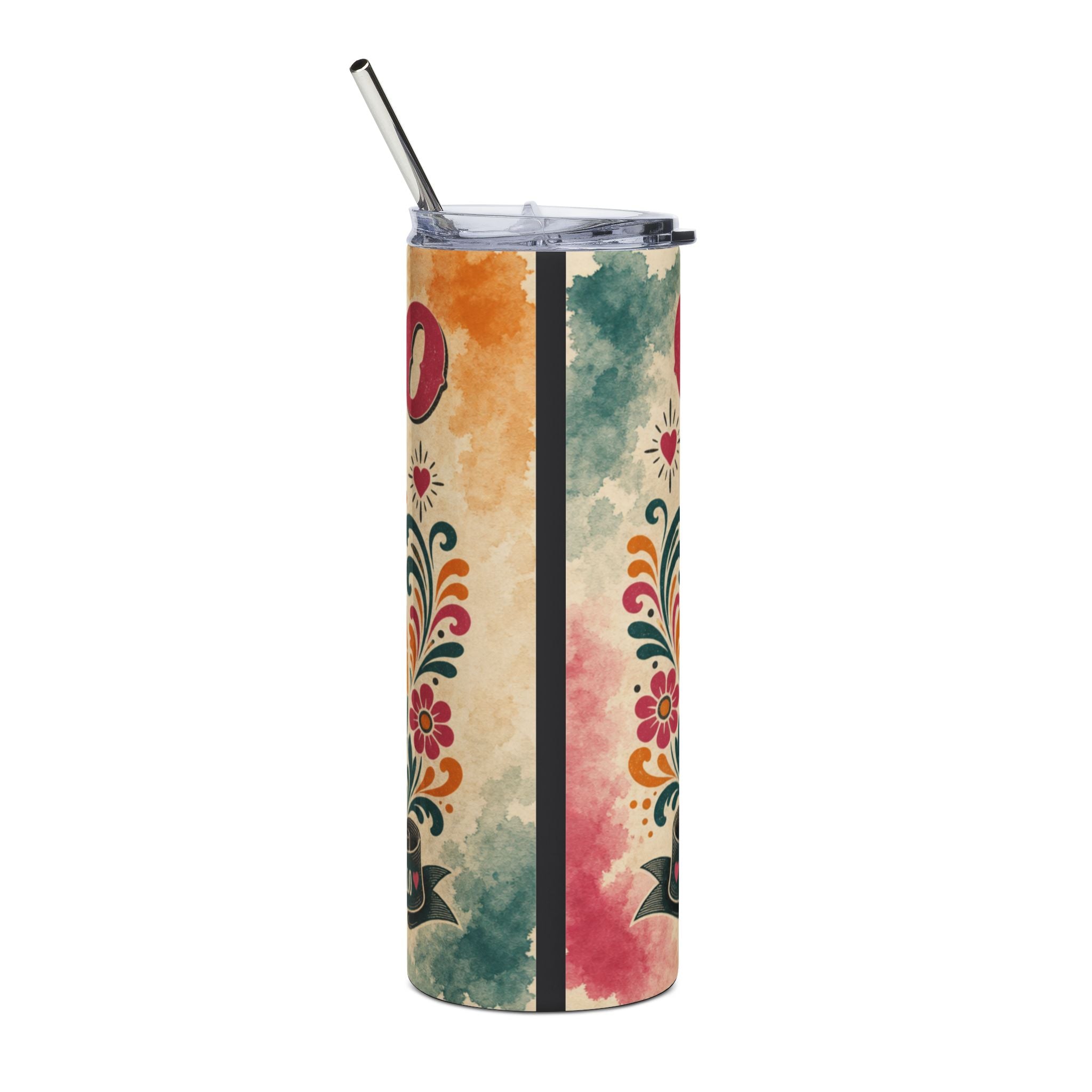 Tall tumbler with colorful floral and heart design, metal straw.