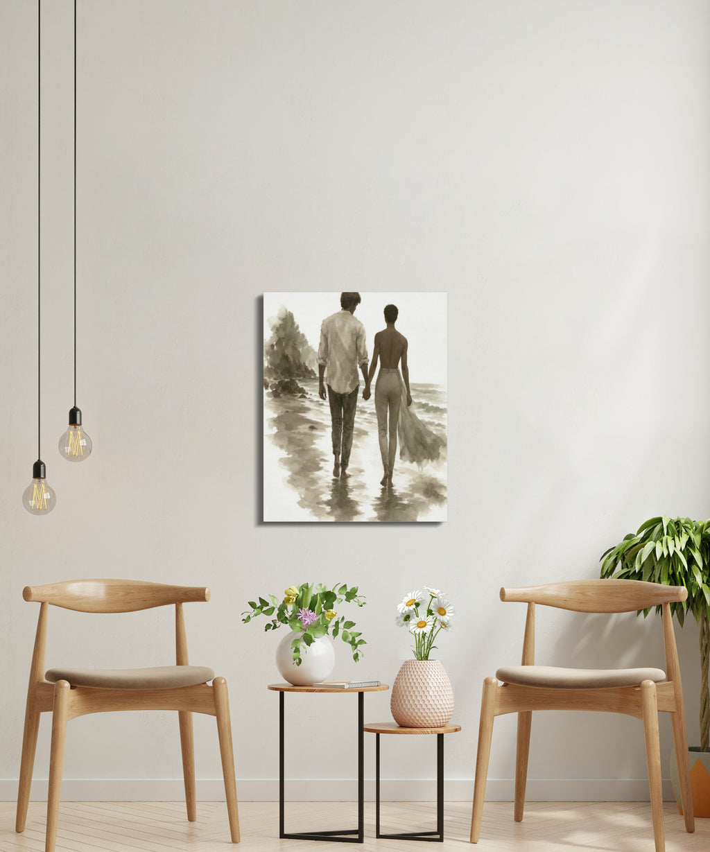 Watercolor painting of a couple holding hands and walking on a beach.