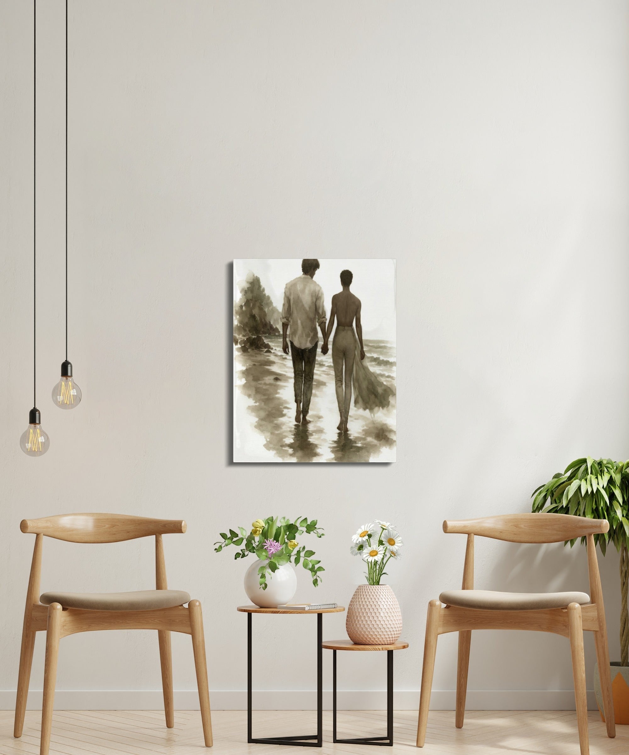 Oso Caribeño watercolor canvas print of a couple walking hand in hand on a beach, displayed on a minimalist living room wall