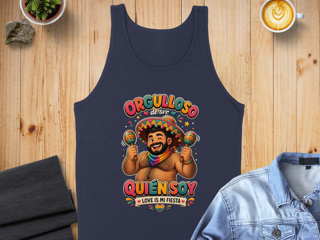 Proud to be queer, colorful tank top with maracas and text.