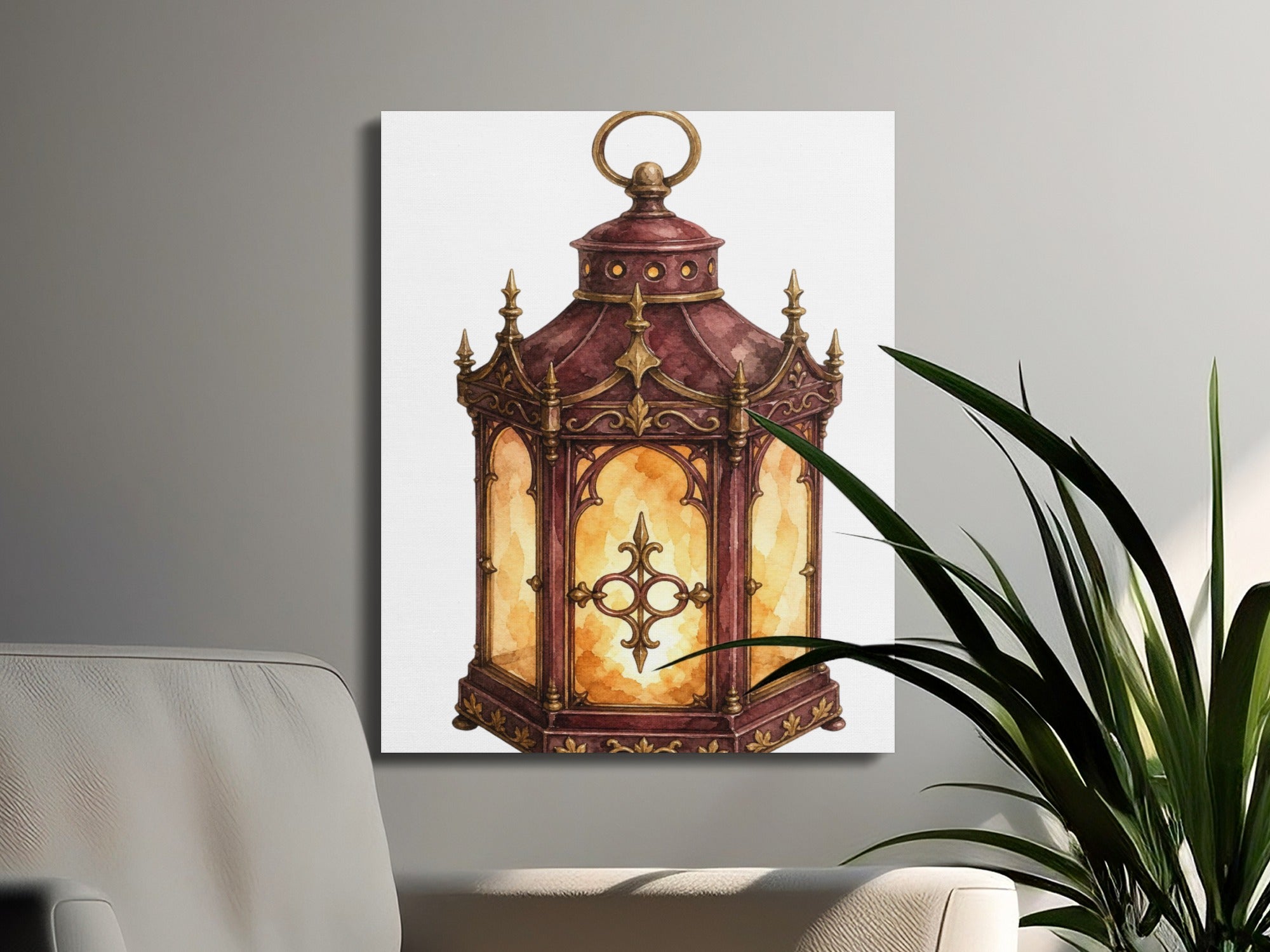 Watercolor painting of a burgundy and gold lantern with ornate details and warm glowing panes.