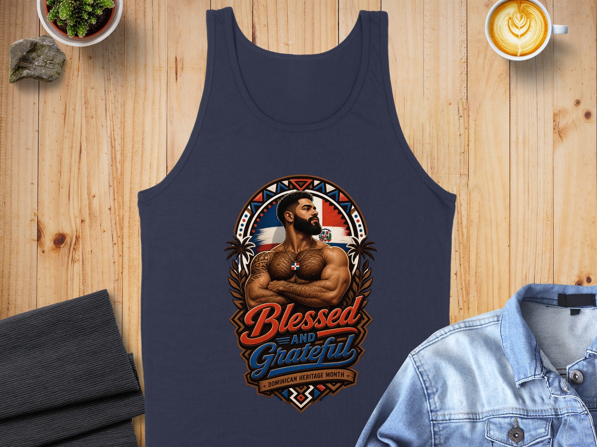Navy tank top featuring a muscular man with Dominican flag details and "Blessed and Grateful" text.