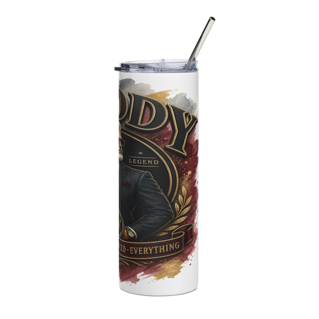 Tumbler with "Daddy Legend" design, featuring a suited man and laurels.