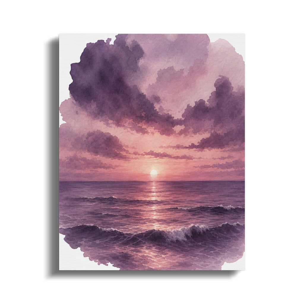 Watercolor sunset over the ocean with purple clouds and rhythmic waves.
