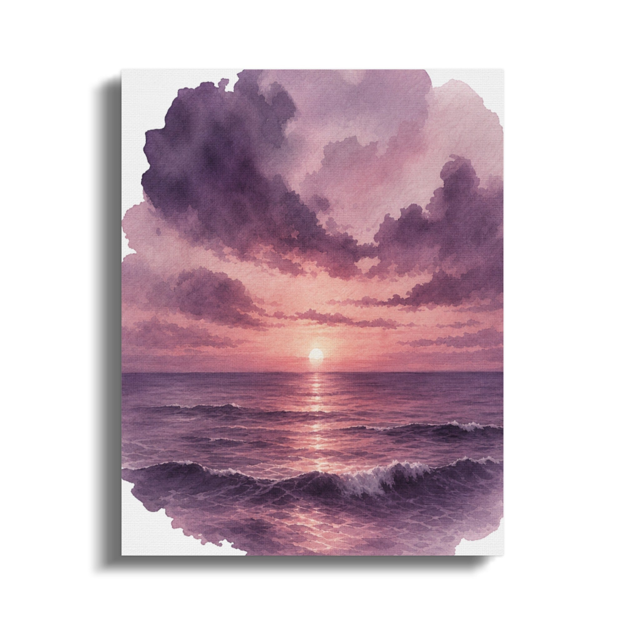 Watercolor sunset over the ocean with purple clouds and rhythmic waves.