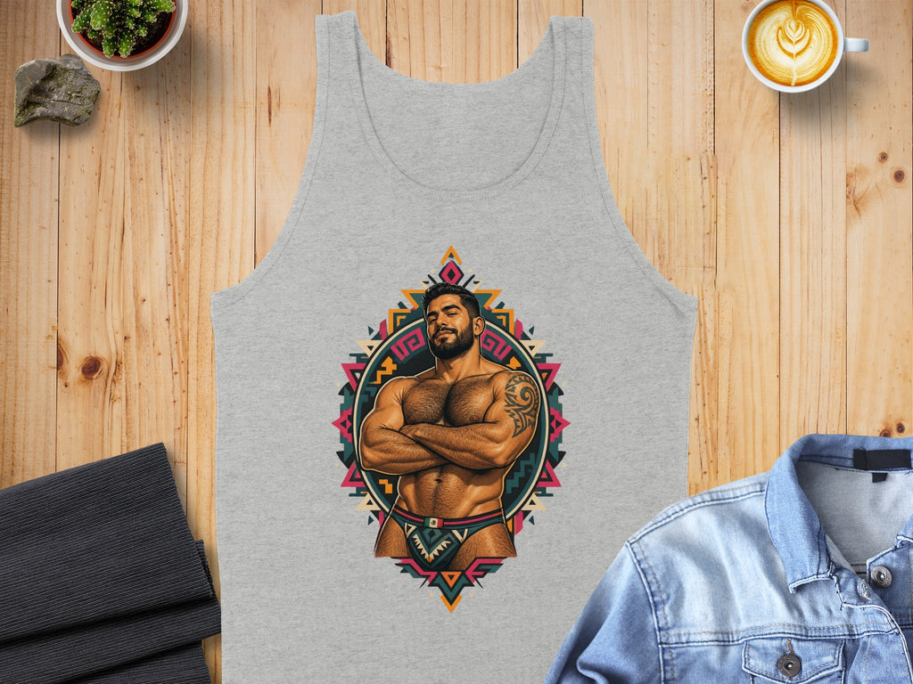 Grey tank top with geometric design featuring a muscular man.