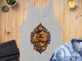 Grey tank top with geometric design featuring a muscular man.