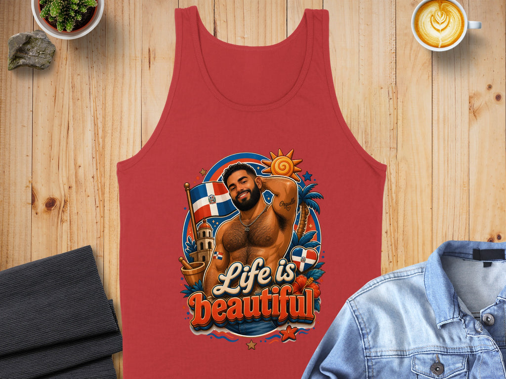 Red tank top with "Life is Beautiful" text and Dominican Republic flag graphic.